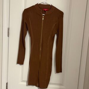 GUESS Brown Long-Sleeve Ribbed Zip Dress